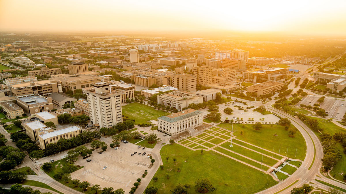 Aerial view of campus at sunset