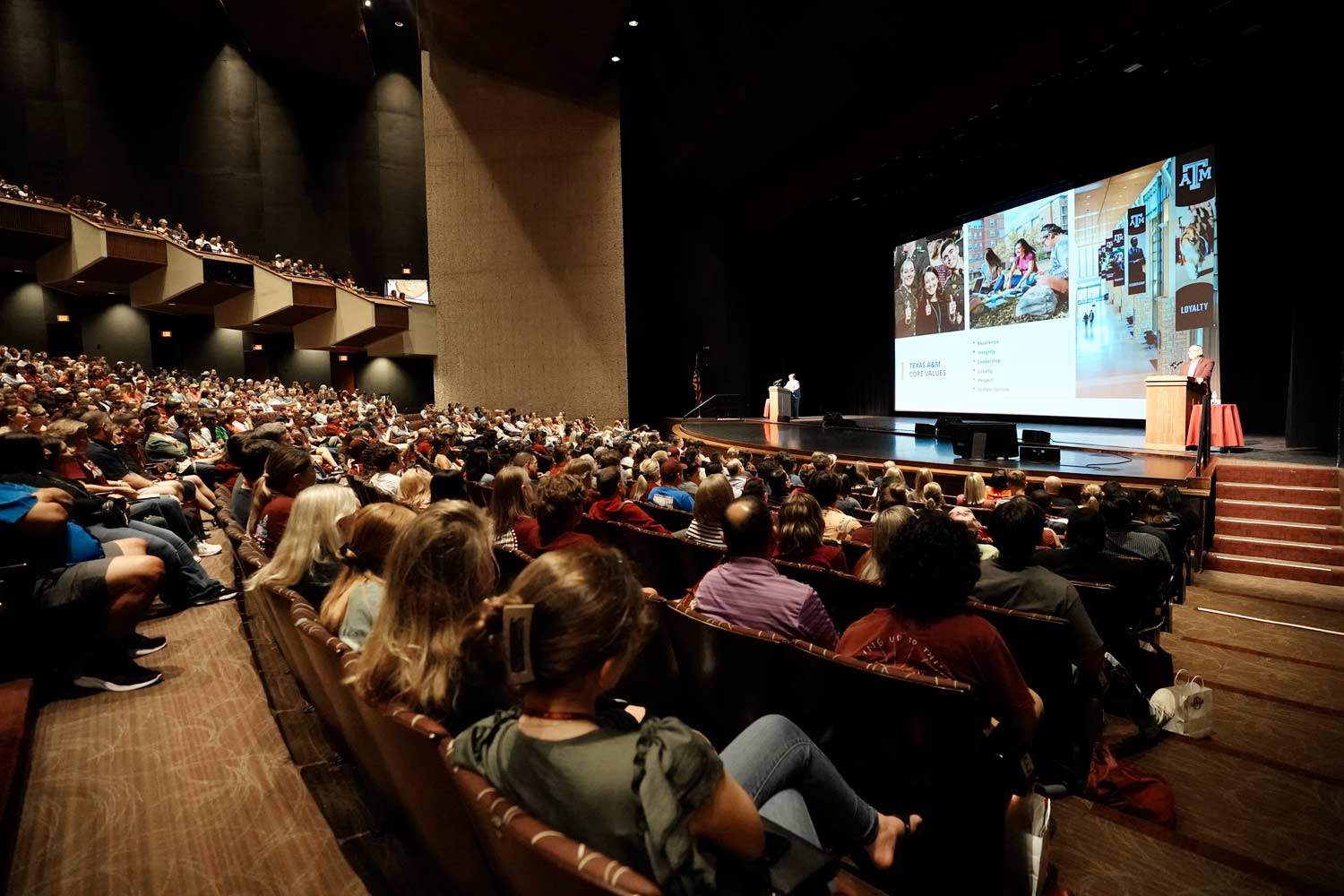 Prospective Texas A&M freshmen attending an info session in Rudder auditorium