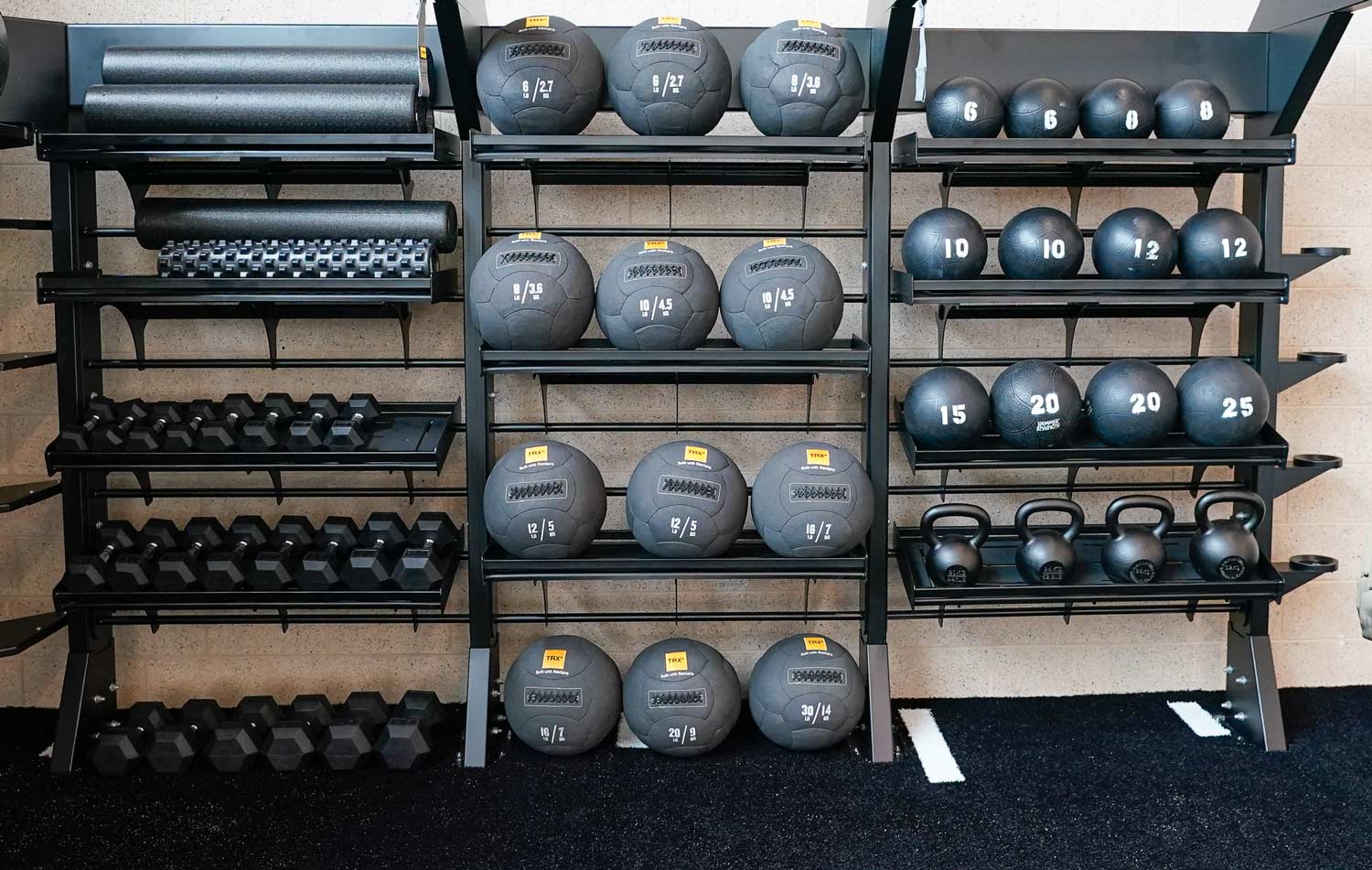 The wieght racks and fitness equipment available for use at the Polo Rd Rec Center