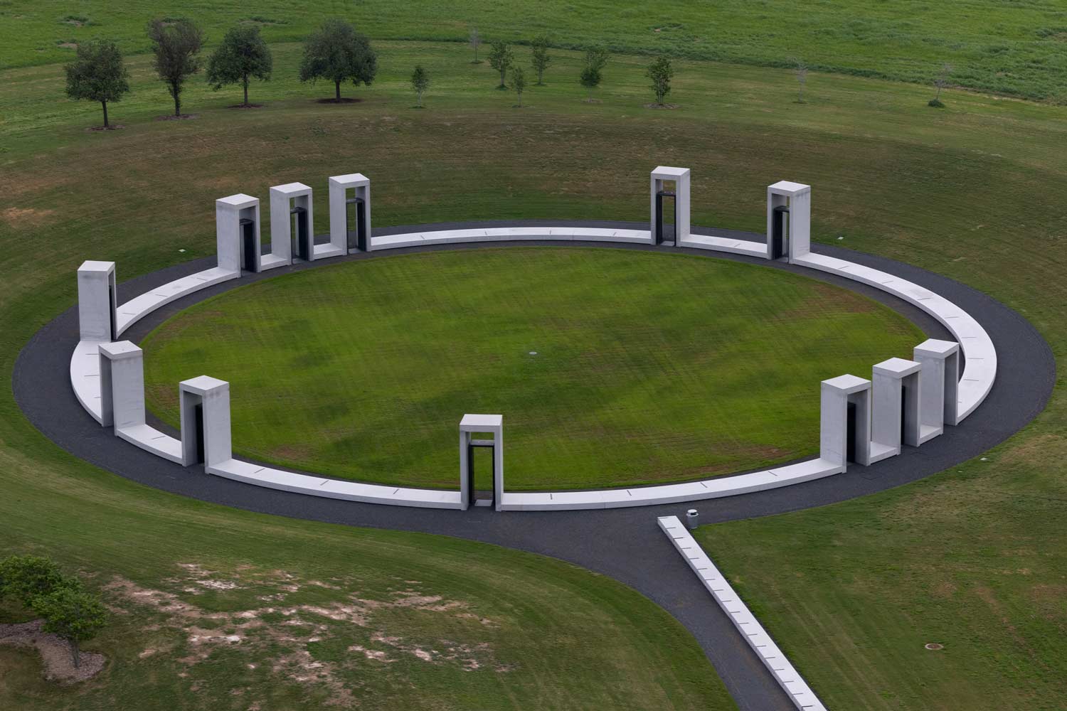 Aerial of the bonfire memorial structure on campus.