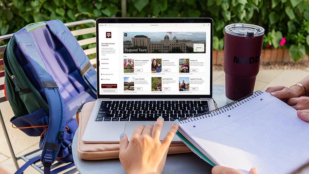 Texas A&M University virtual campus tours on a laptop